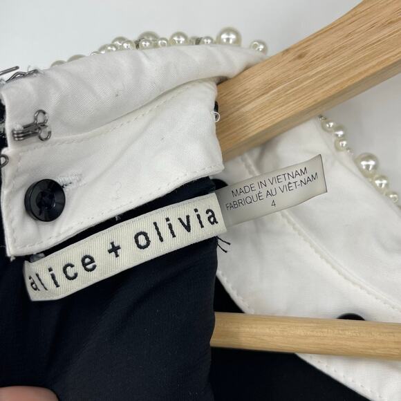 Alice + Olivia | Velia Tweed Mini Dress Black & Off White Crystal Pearl Collar 4 - Picture 7 of 16